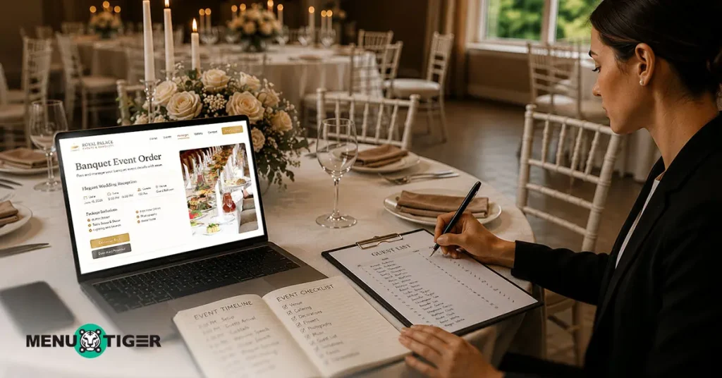 Event planner organizing a restaurant banquet event using digital event orders and guest lists