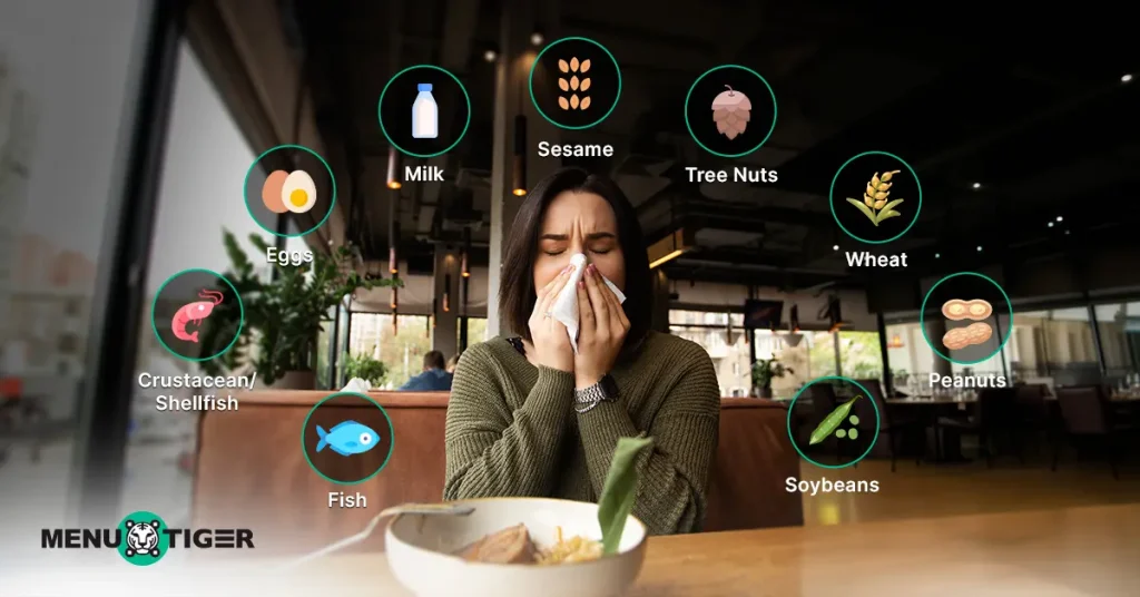 Woman with food allergy symptoms in restaurant