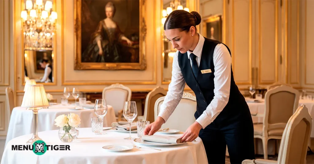 Restaurant staff setting a formal table with white linens, glassware, and napkins in an upscale dining room.